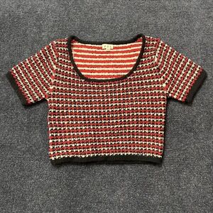 POL Sweater Womens Medium Red Black Check Knit Scoop Neck Cropped Pullover